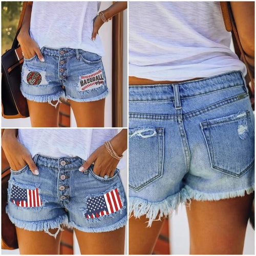 Damen Jeansshorts im Coolen USA-Design mit ausgefranstem Saum EB