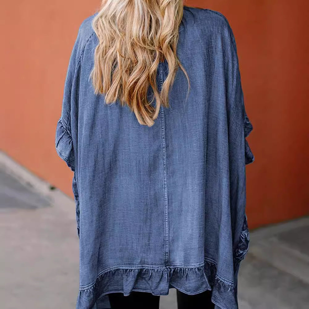 Damen lässiger Jeans-Cape mit voluminösen Rüschendetails EB