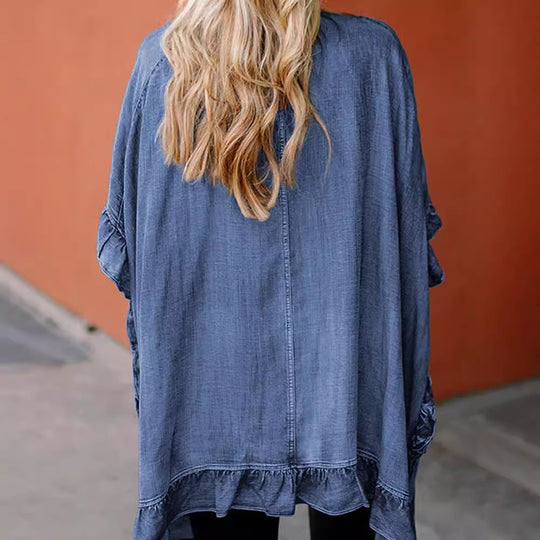 Damen lässiger Jeans-Cape mit voluminösen Rüschendetails EB