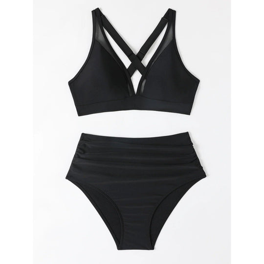 Damen Bikini-Set mit hoch geschnittenem Höschen und modernem Kreuz-Riemen-Design EB