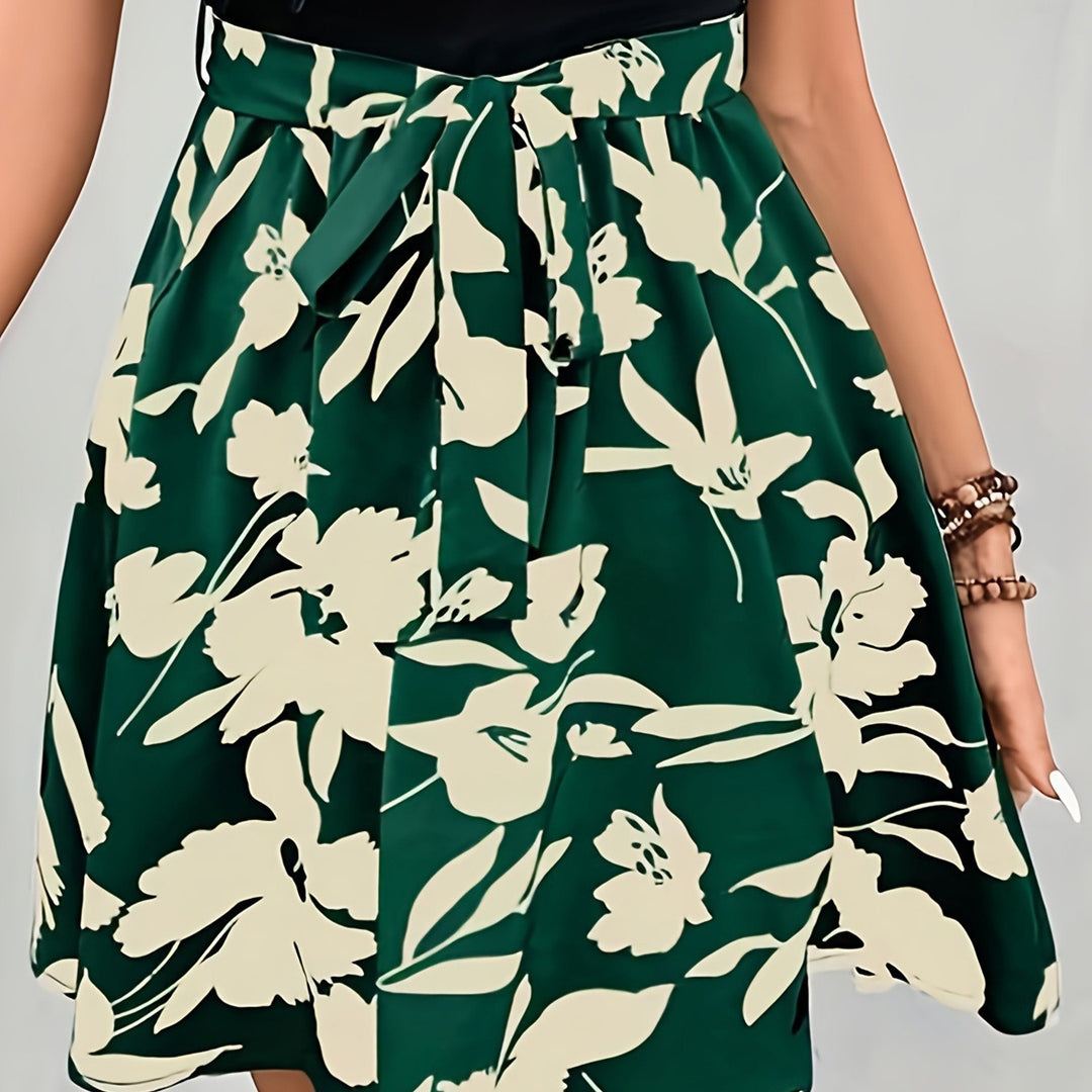 Damen A-Linien Rock mit floralem Design und dekorativem Bindegürtel EB