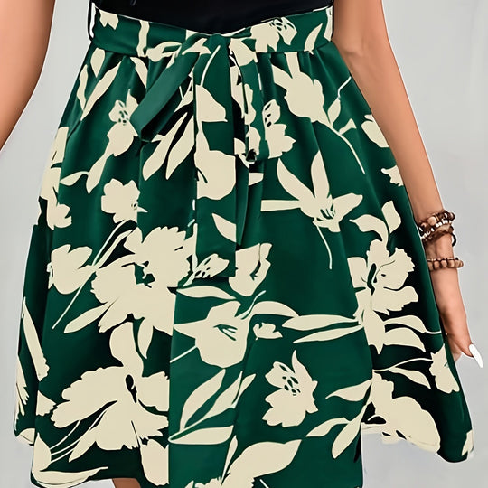 Damen A-Linien Rock mit floralem Design und dekorativem Bindegürtel EB
