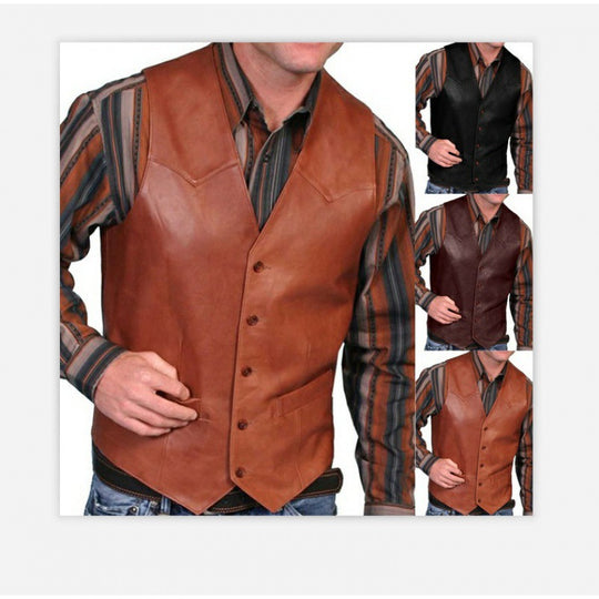 Herren nan taillierte Lederweste mit Western-Details, V-Ausschnitt und zwei Eingrifftaschen EB