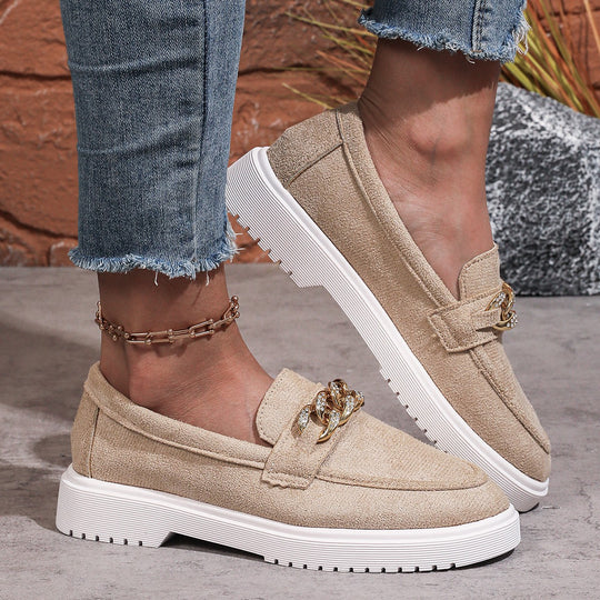 Damen  elegante Slipper mit Plateau-Laufsohle, goldener Schmuckkette und gepolstertem Komfortfußbett EB