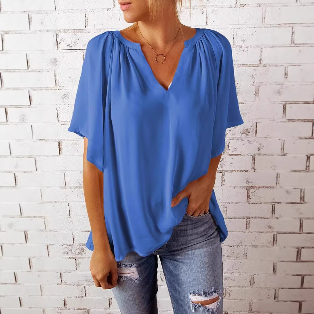 Damen lockeres Blusenshirt mit V-Ausschnitt und luftigen Ärmeln EB