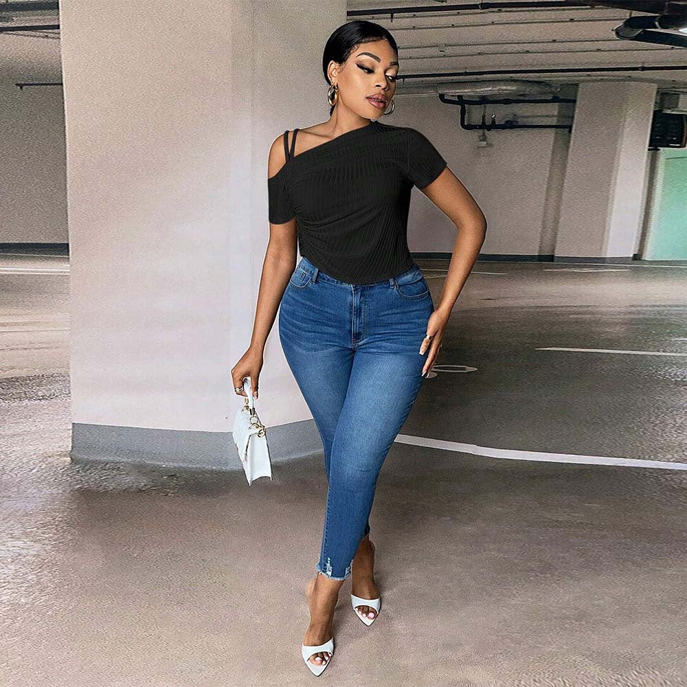 Damen asymmetrisches Oberteil mit dekorativem Rüschendetail und leichtem Stretch EB