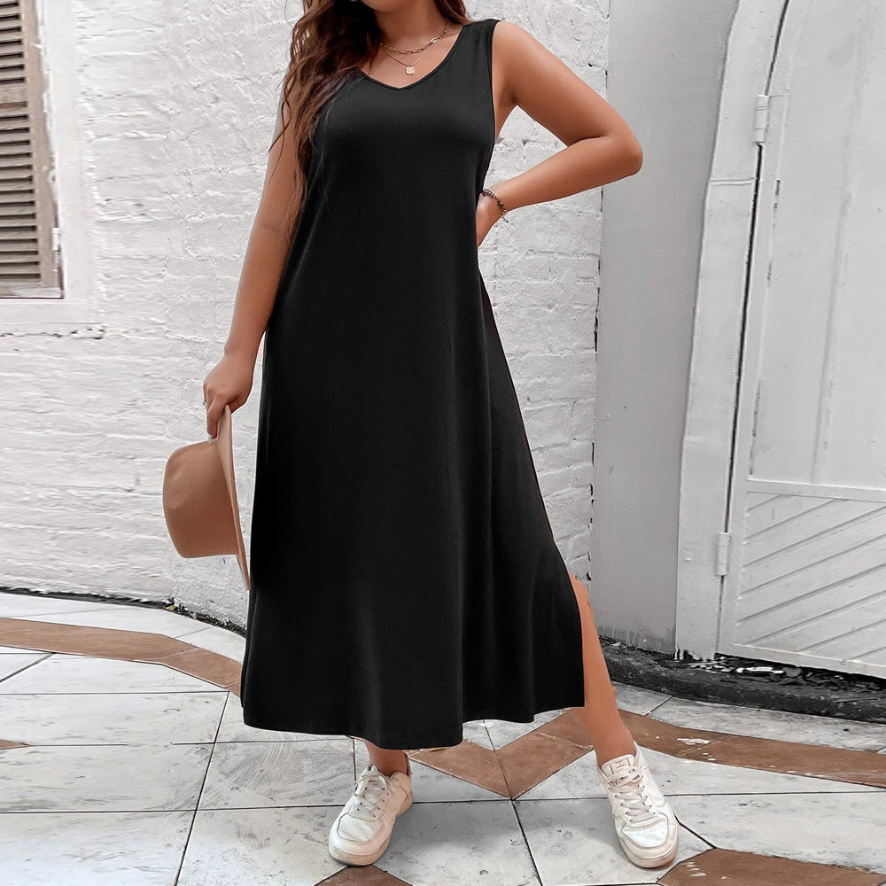 Damen luftiges Maxikleid mit V-Ausschnitt und seitlichem Schlitz EB