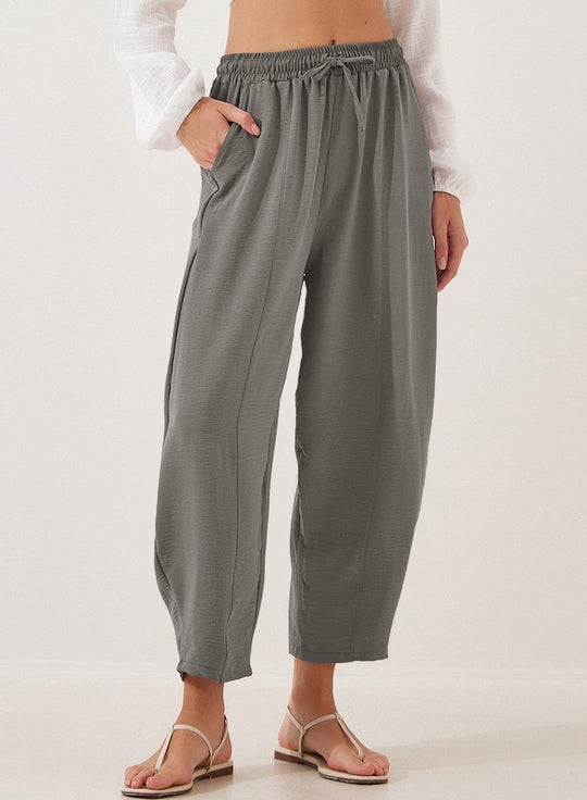 Damen Bequeme, weit geschnittene Sommerhose mit elastischem Bund und seitlichen Taschen EB