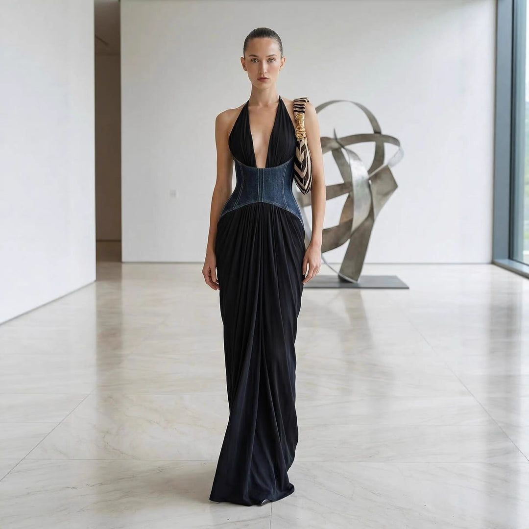 Damen Elegantes Maxi-Kleid mit tiefem V-Ausschnitt und figurformendem Oberteil EB
