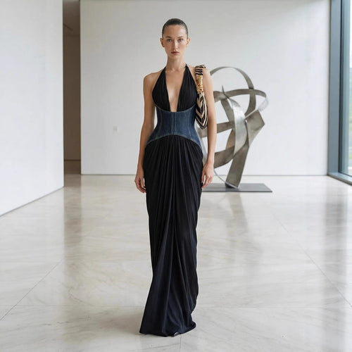 Damen Elegantes Maxi-Kleid mit tiefem V-Ausschnitt und figurformendem Oberteil EB
