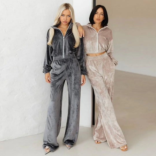 Damen nan Cropped Velours-Joggingset mit halbem Reißverschluss, gerafftem Komfortbund und breiten Bündchen EB