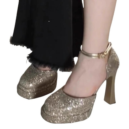 Damen Glitzernde Platin-Pumps mit hohem Absatz und verstellbarem Riemchen EB