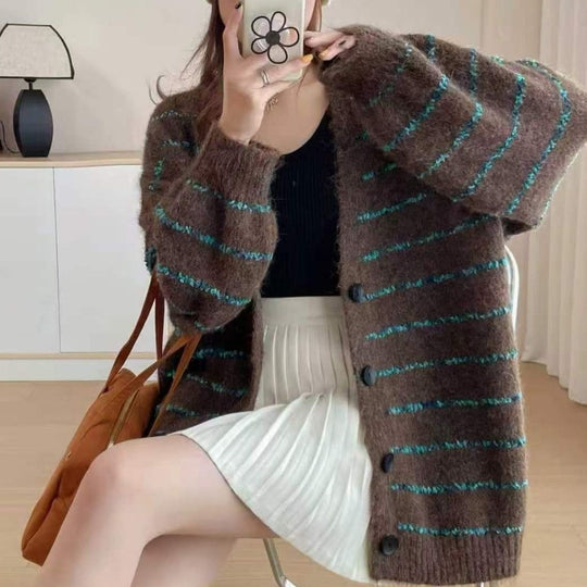 Damen Gemusterte Strickjacke mit sanften Puffärmeln und Knopfleiste EB