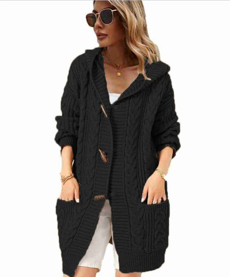 Damen Grobstrickmantel mit Kapuze und praktischen Taschen EB