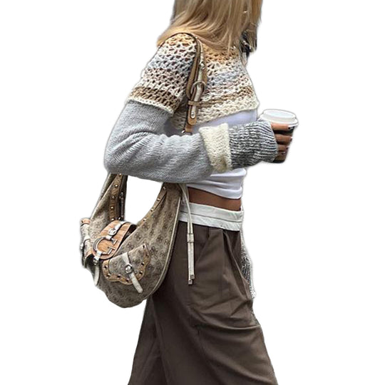 Damen gehäkeltes Crop-Top mit langem Arm und bunten Streifen EB