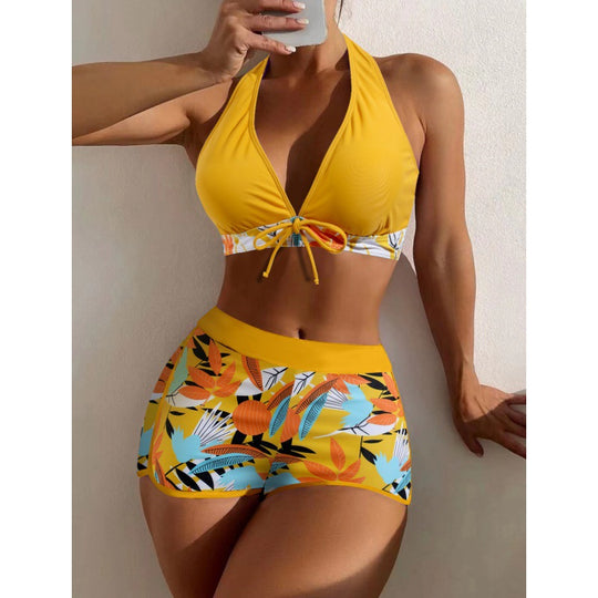 Damen Hochgeschlossen Bikini mit verspieltem Blumenmuster EB