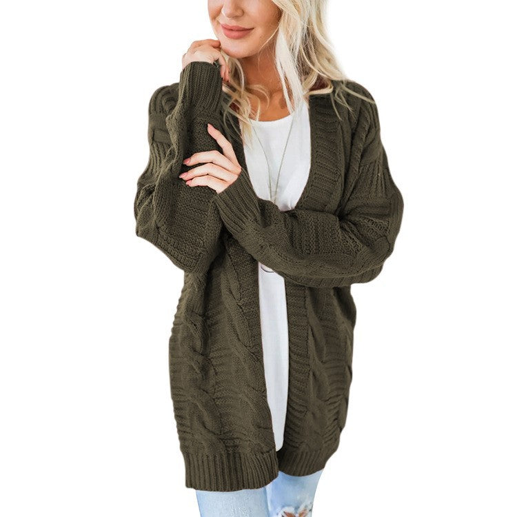 Damen nan langer oversize Strickcardigan mit Zopfmuster und V-Ausschnitt EB