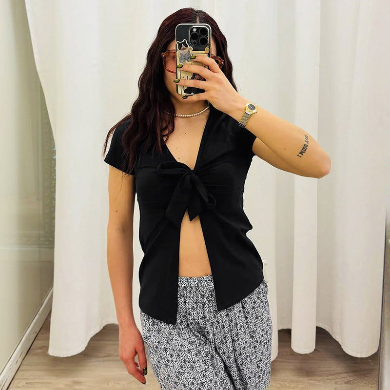 Damen elegantes Wickeloberteil mit dekorativem Knoten und tiefem V-Ausschnitt EB