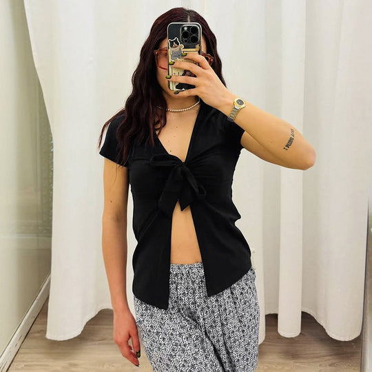 Damen elegantes Wickeloberteil mit dekorativem Knoten und tiefem V-Ausschnitt EB