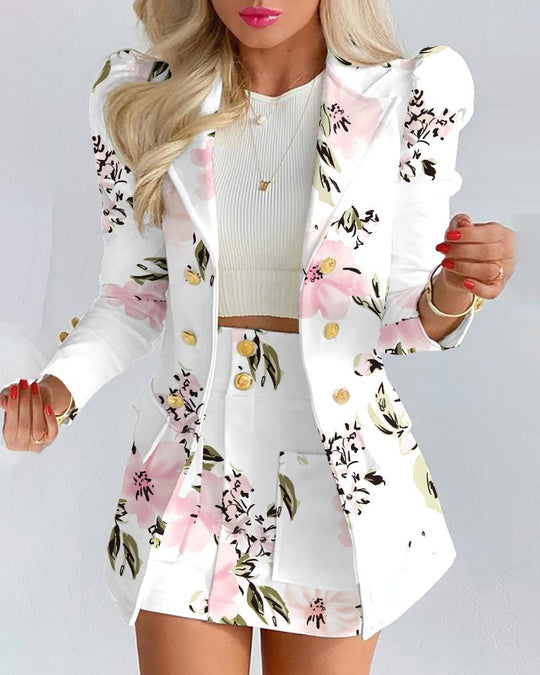 Damen Zweiteiliges karriertes Blazer- und Minirock-Set mit betonten Puffärmeln und goldenen Knöpfen EB