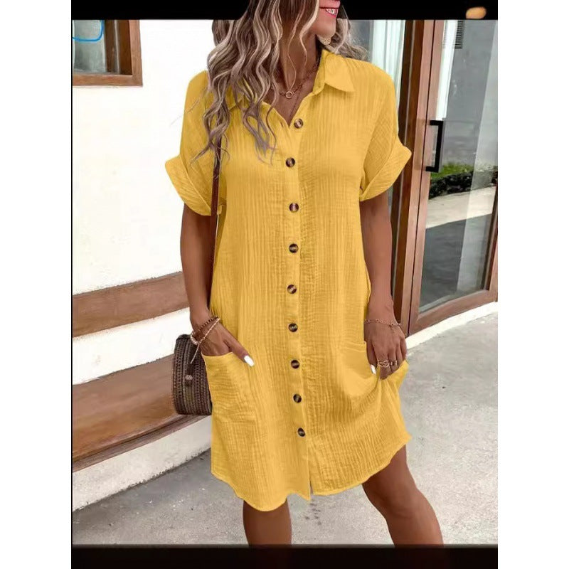 Damen lässiges Freizeitkleid mit Knopfleiste und Taschen EB