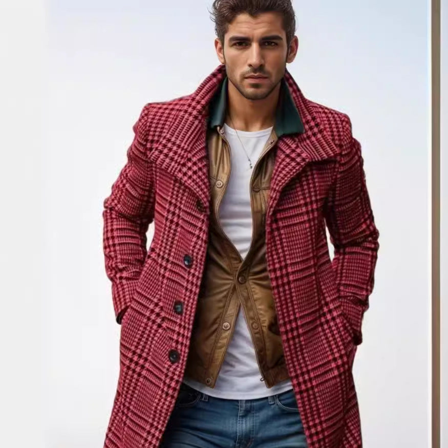 Herren eleganter Karomantel mit großflächigen Taschen und hohem Kragen EB