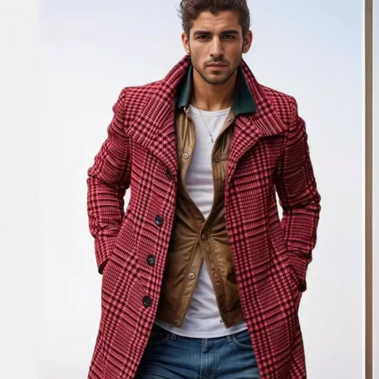 Herren eleganter Karomantel mit großflächigen Taschen und hohem Kragen EB