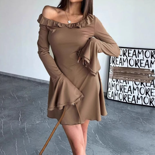 Damen Off-Shoulder Kleid mit Rüschendetails und Weit Ärmel EB