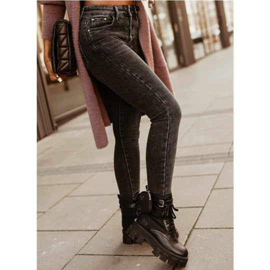 Damen figurbetonte Jeans mit hoher Taille und klassischem Knopfverschluss EB