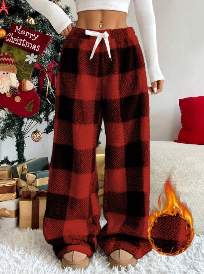 Damen nan kuschelige karierte Fleece-Hose mit Tunnelzugbund und weitem Bein EB