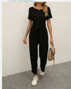 Damen Jumpsuit mit Bindegürtel und weitem Bein EB
