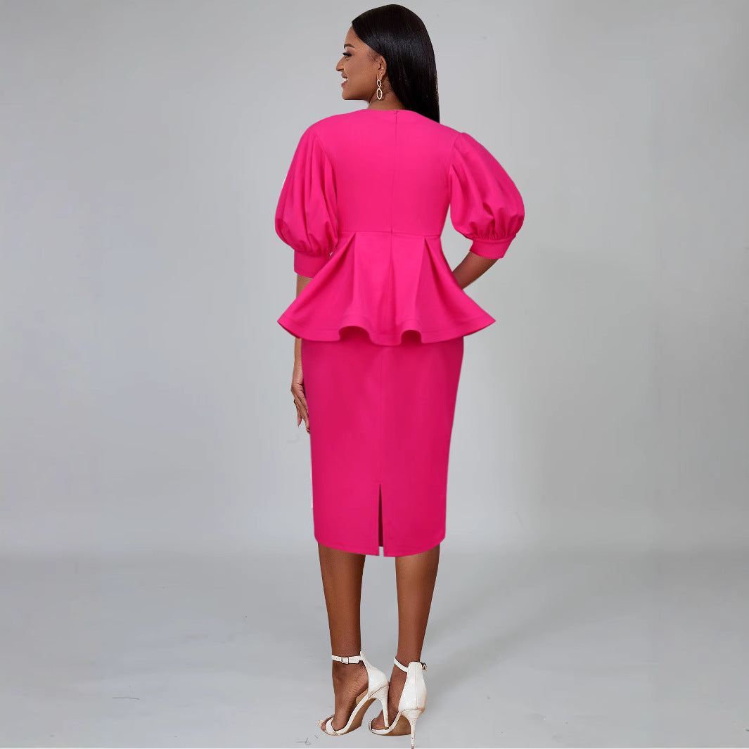 Damen elegantes A-Linien Kleid mit modischen Puffärmeln und floralem Akzent EB