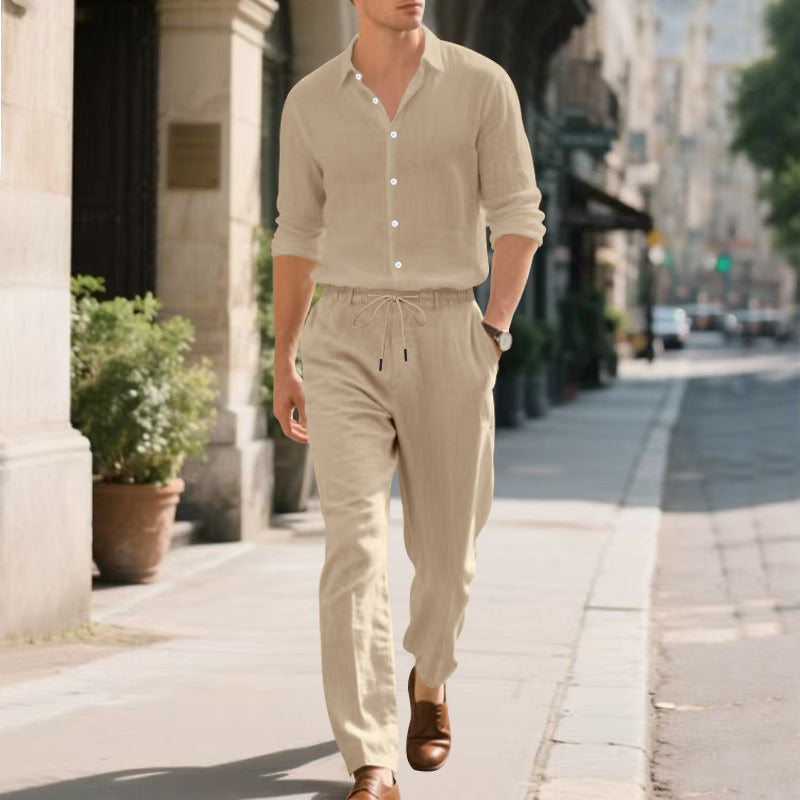 Herren entspannte Leinenhose mit verstellbarem Kordelzug und elastischem Bund EB