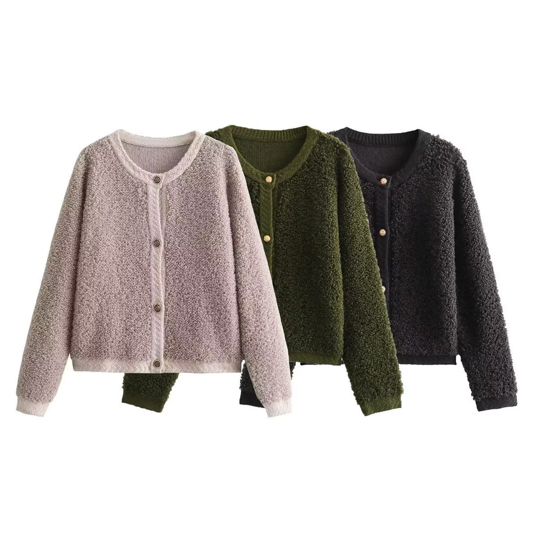Damen kuschelige Fleecejacke mit dekorativen Holzknöpfen und eleganter Schnittführung EB