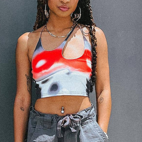 Damen Crop-Top mit asymmetrischem Trägerdesign und lebhaftem Grafikdruck EB