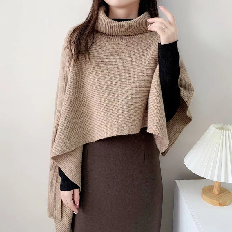 Damen Strickponcho mit hochgeschlossenem Kragen und eleganter Rippstruktur EB