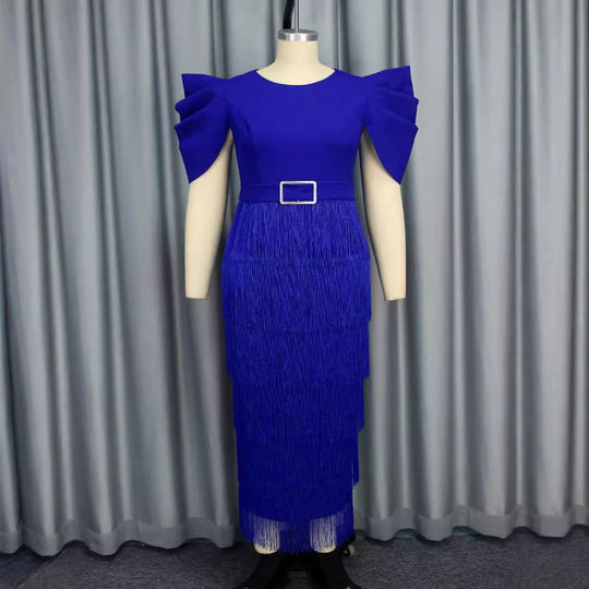 Damen Elegantes Fransen-Maxikleid mit voluminösen Puffärmeln EB