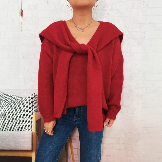 Damen lässiger Strickpullover mit abnehmbarer Kapuze und Knopfdetails EB