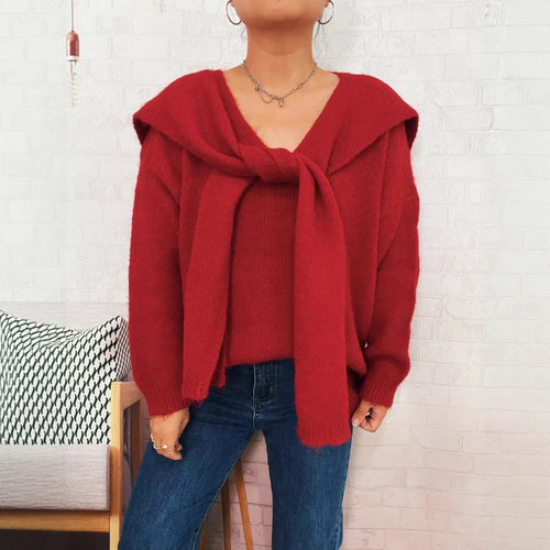 Damen lässiger Strickpullover mit abnehmbarer Kapuze und Knopfdetails EB
