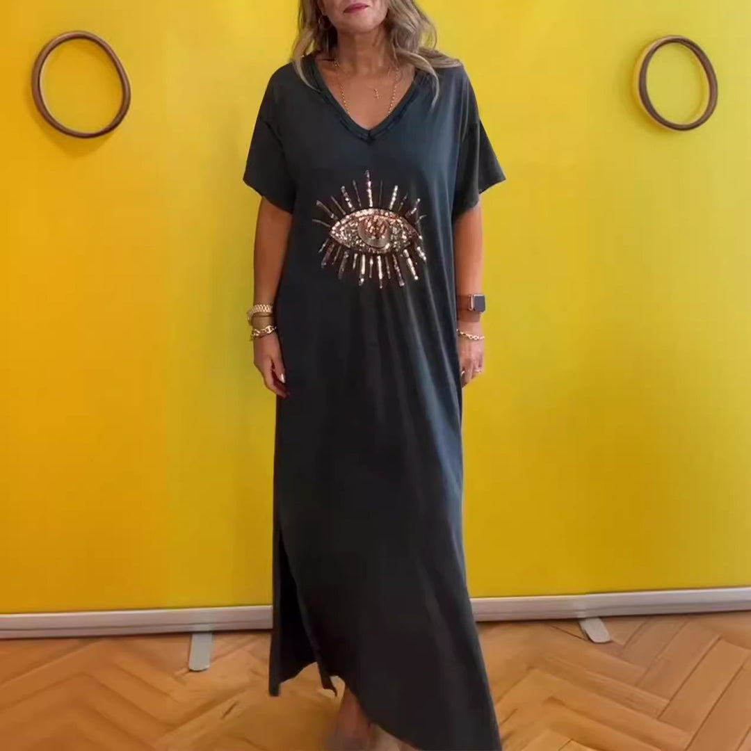 Damen strandliches Maxikleid mit funkelndem Augendesign EB