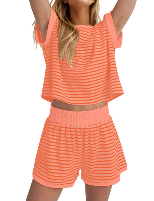 Damen Lässiges gestreiftes Set aus lockerer Oberteil und Shorts EB