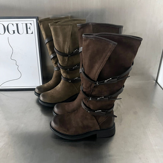 Damen Modische Stiefel mit praktischem Reißverschluss und eleganten Riemen EB