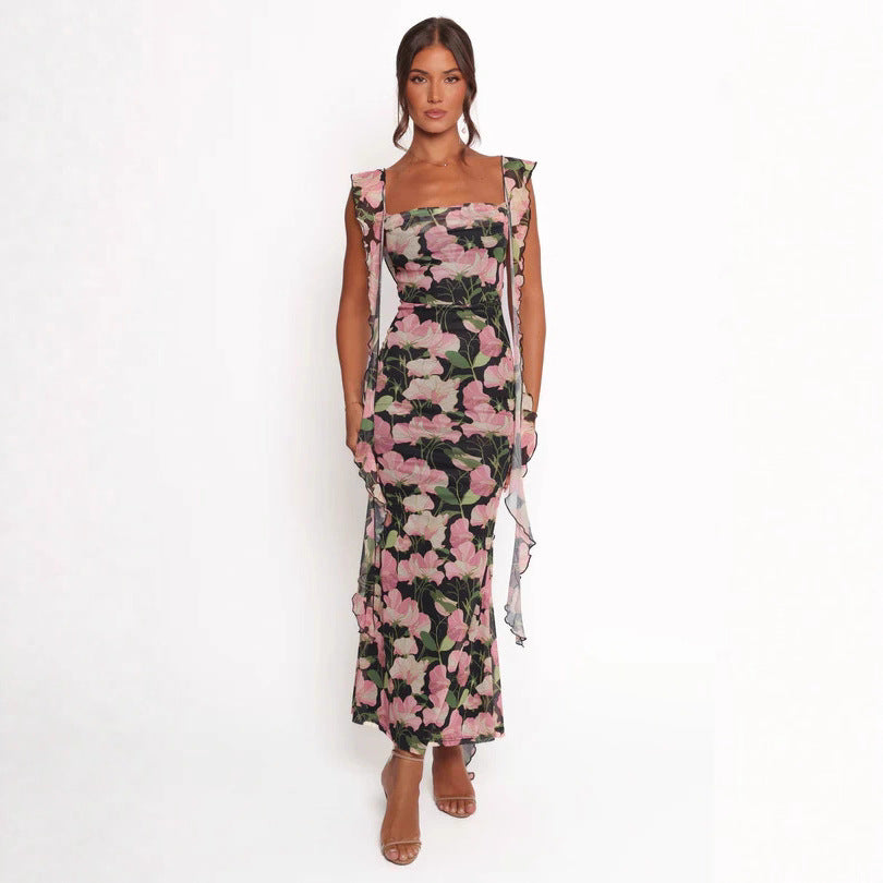 Damen Etuikleid mit romantischem floralem Design und Rüschenärmeln EB
