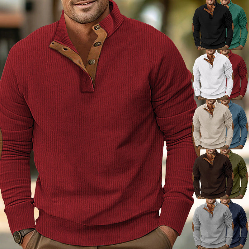 Herren nan strukturiertes Rugby-Pullover mit Stehkragen, Knopfleiste und Leder-Ellenbogenpatches EB