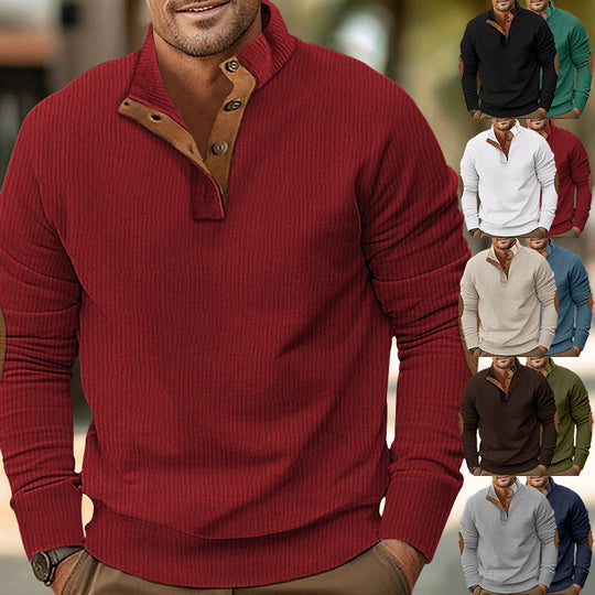 Herren nan strukturiertes Rugby-Pullover mit Stehkragen, Knopfleiste und Leder-Ellenbogenpatches EB