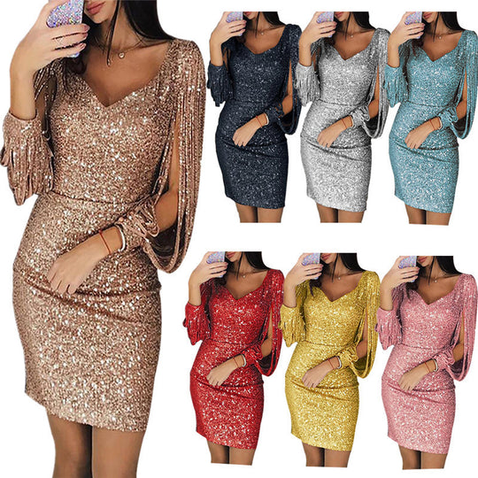 Damen Glitzerndes Cocktailkleid mit schimmernden Ärmeln EB