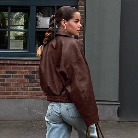 Damen Kunstlederjacke im leicht Oversized-Schnitt mit praktischen Taschen und elastischer Taille EB
