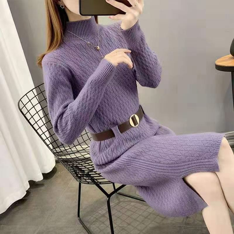Damen Strickkleid mit hohen Kragen und Taillengürtel EB
