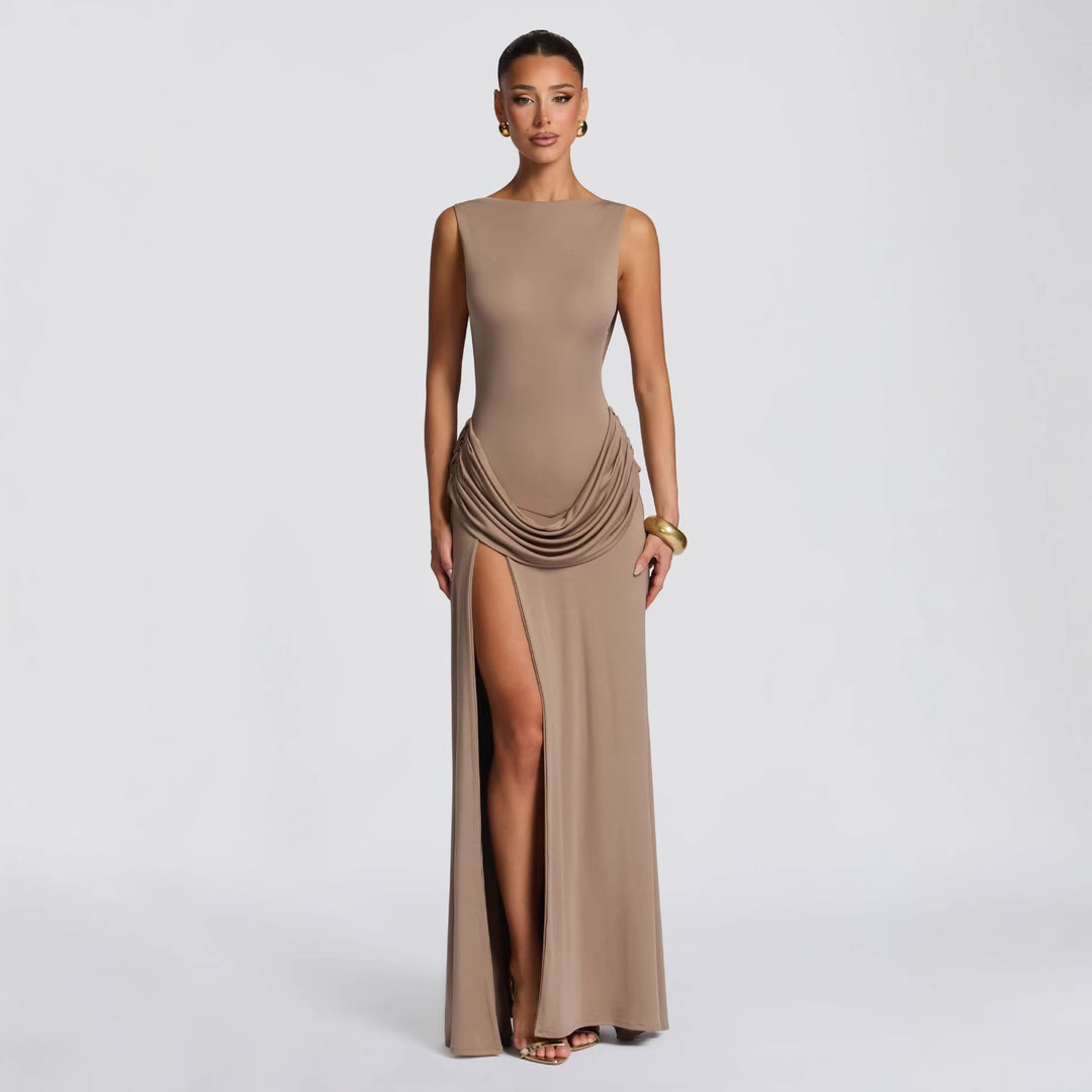 Damen elegantes Wickel-Maxikleid mit asymmetrischem Rüschendesign und sexy Schlitz EB