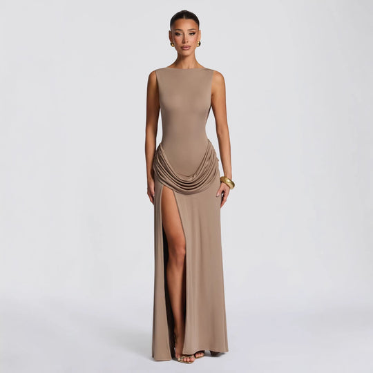 Damen elegantes Wickel-Maxikleid mit asymmetrischem Rüschendesign und sexy Schlitz EB